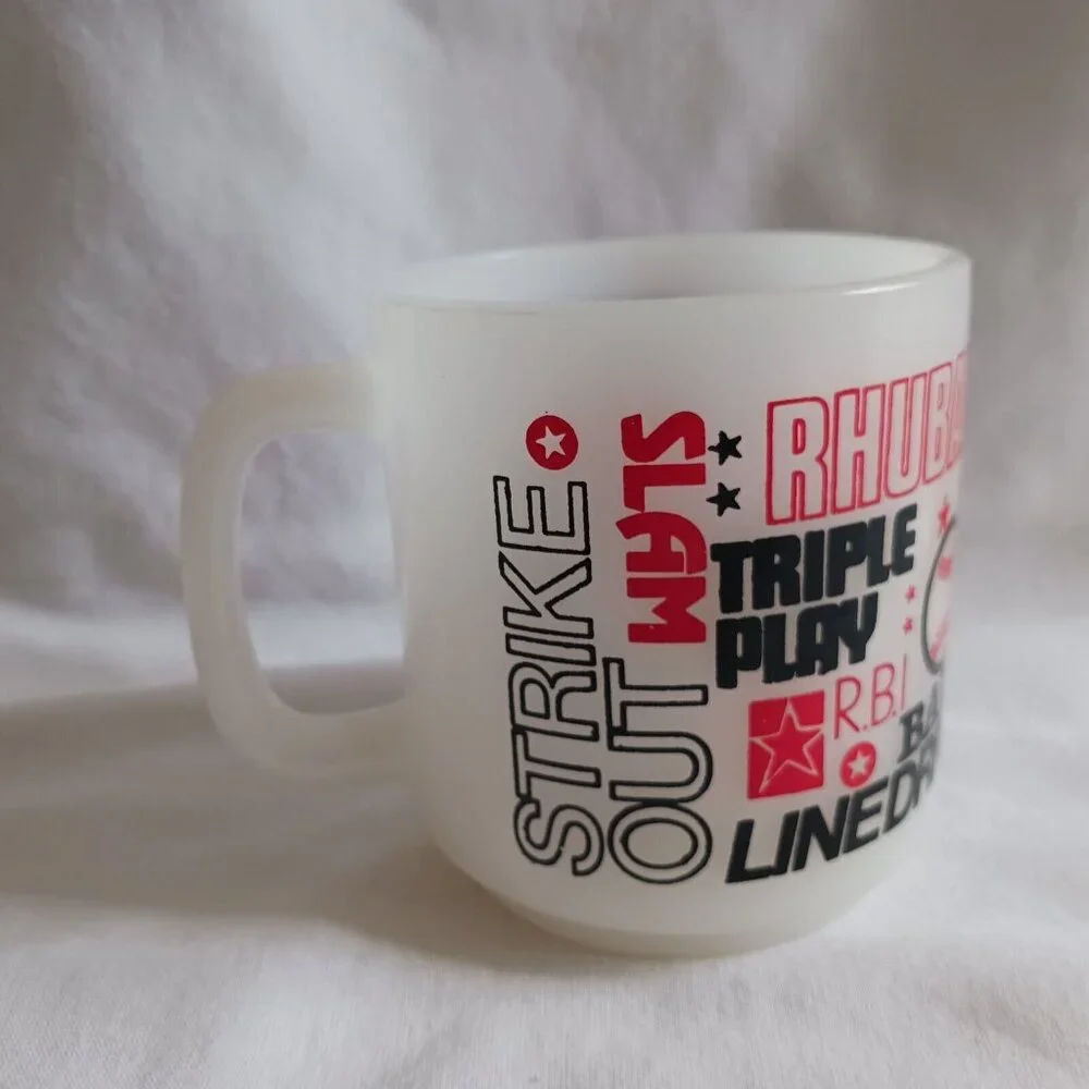 Vintage Glasbake Milk Glass Coffee Mug Baseball Terminology Strike Balk More‎